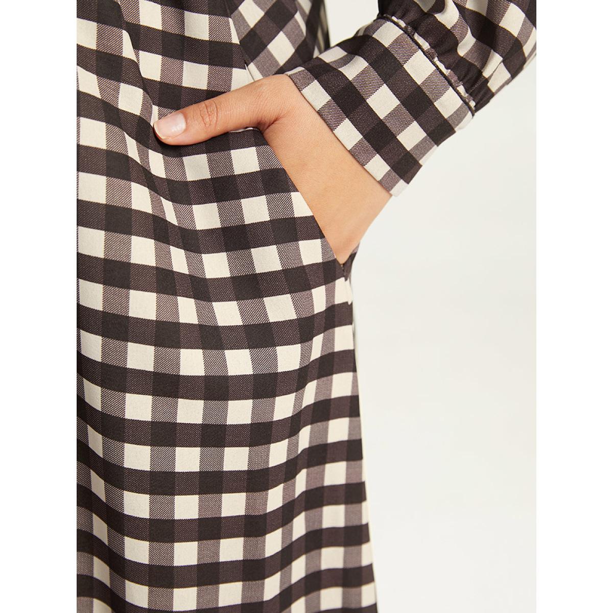 Plus Size Gingham Pocket Elastic Waist Ruffle Hem Dress DarkBrown Women Casual Printed V-neck Long Sleeve Curvy Midi Dress BloomChic 18-20/2X Product Image