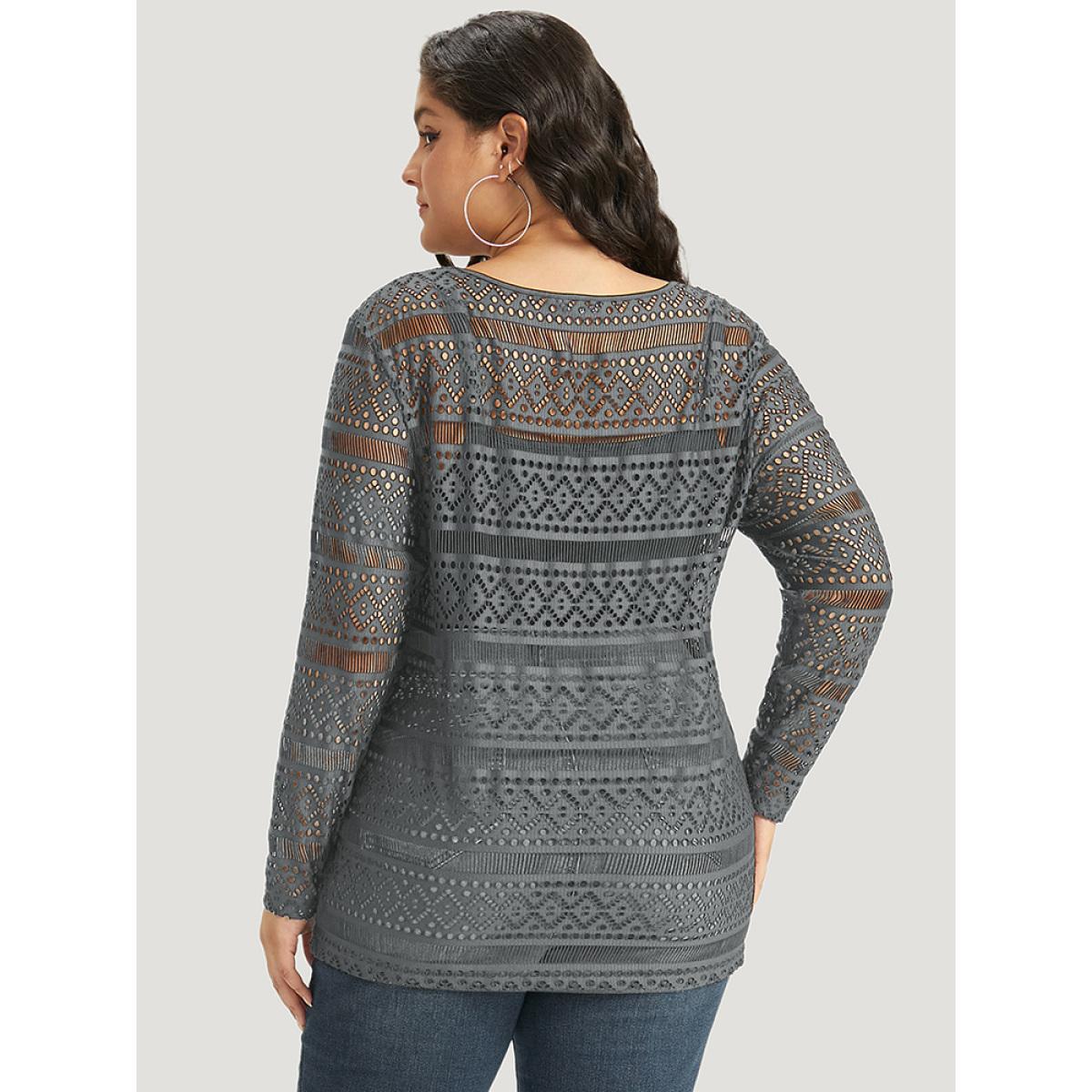 Plus Size Halloween Plain Geometric Eyelet V Neck T-shirt Gray Women Casual Plain Plain V-neck Festival-Halloween T-shirts BloomChic 30/6X Product Image