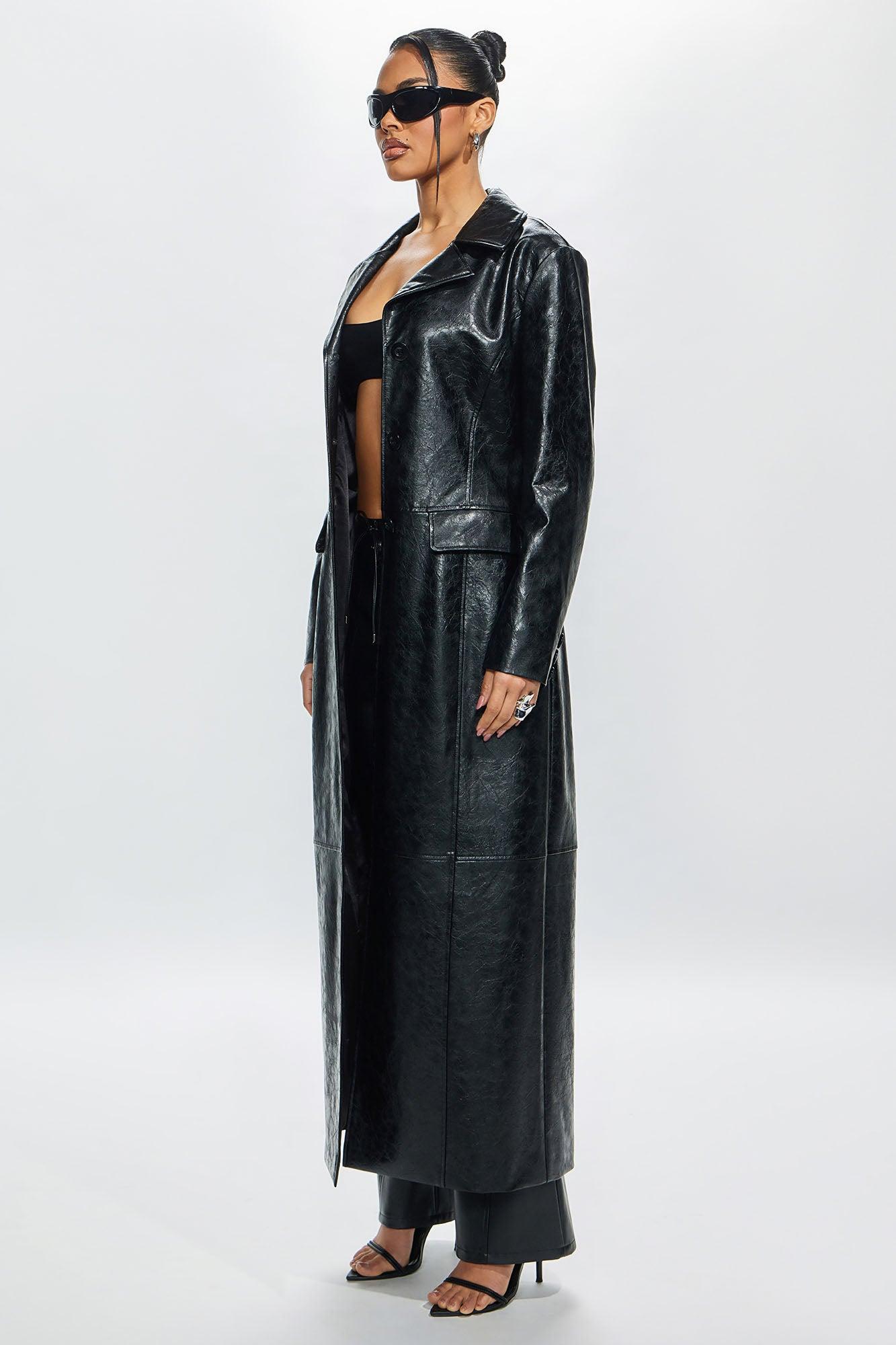 Helena Faux Leather Trench Coat - Black Product Image
