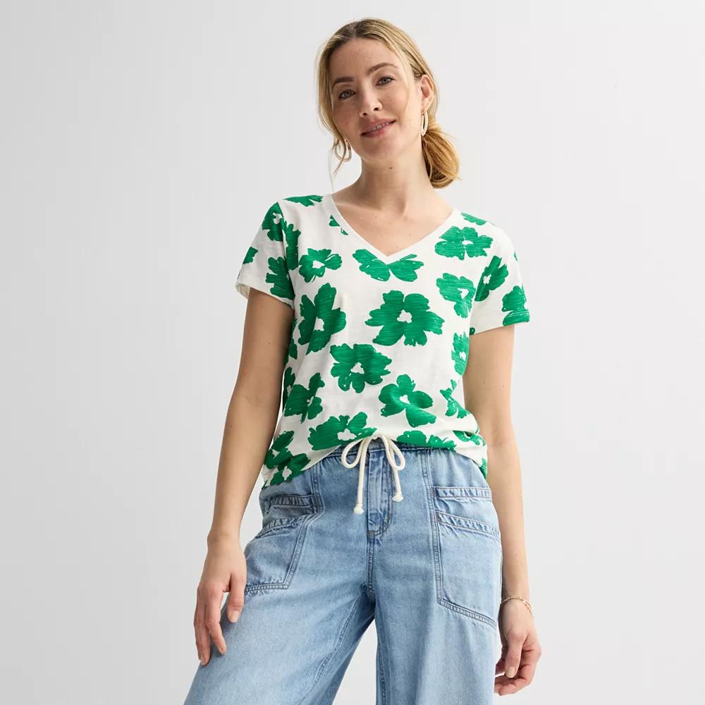 Women's Sonoma Goods For Life® Everyday Short Sleeve V-Neck Tee, Size: Small, White Green Floral Product Image