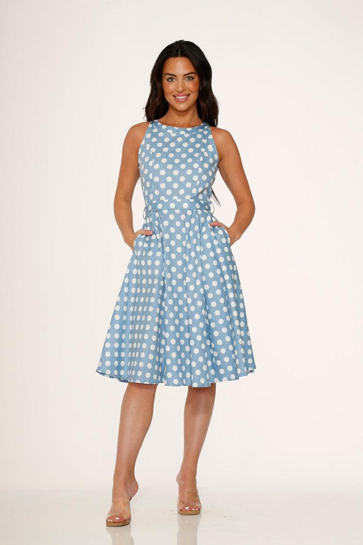 Light Blue & White Polka Dot Swing Dress Product Image