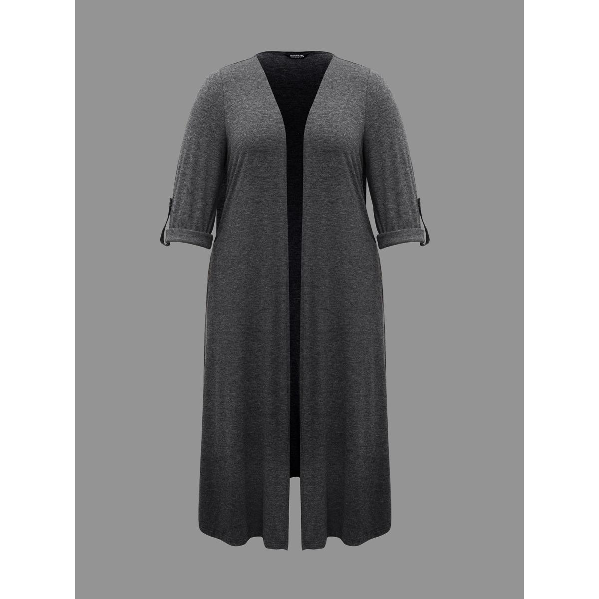 Plus Size Solid Tab Sleeve Pocket Kimono Women DimGray Casual Button Loose Side seam pocket Everyday Kimonos BloomChic 30/6X Product Image