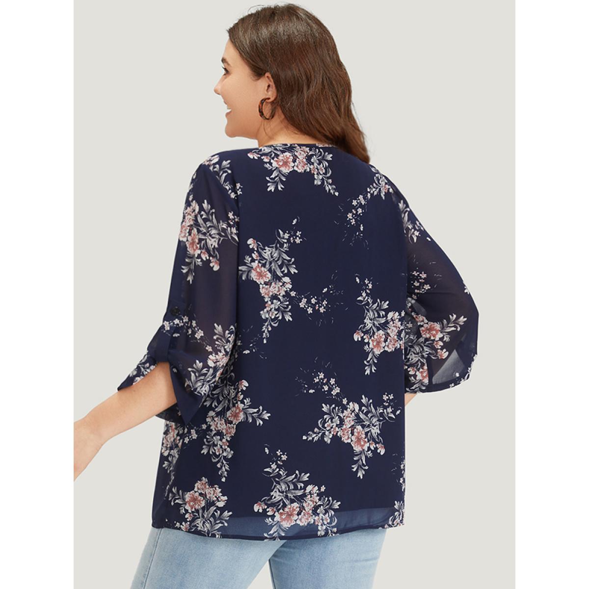 Plus Size Black Floral Print Knot Neck Mesh Tab Sleeve Blouse Women Elegant Elbow-length sleeve Tie Neck Dailywear Blouses BloomChic 10/M Product Image