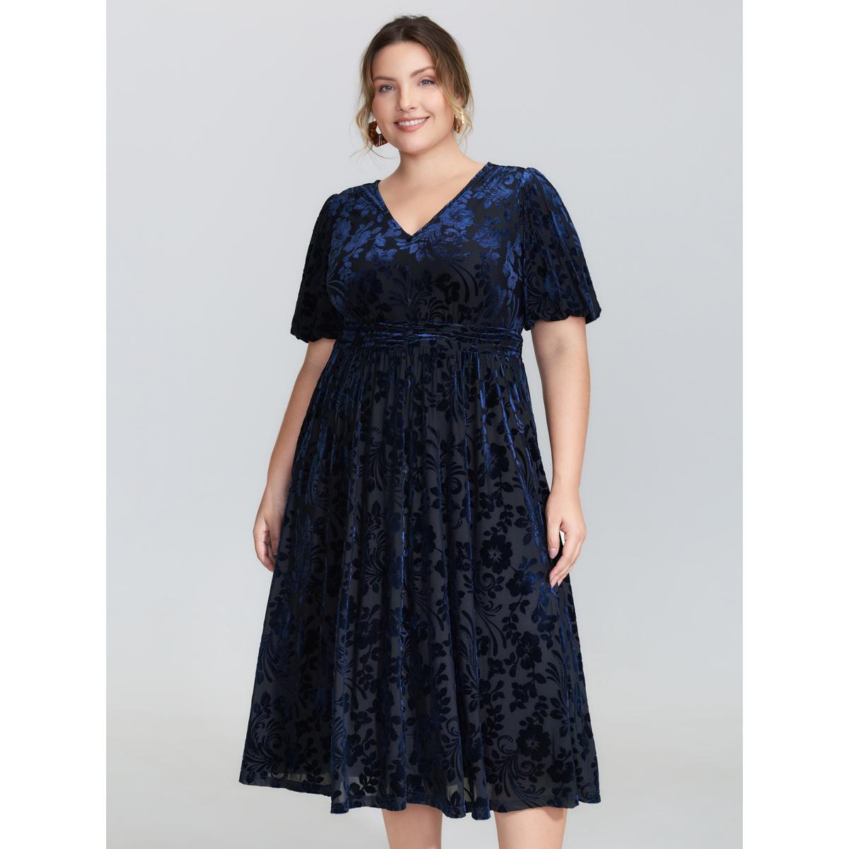Plus Size Flocked Laser Cut Pleated Waist Midi Dress DarkBlue Women Romantic V-neck Short sleeve Curvy BloomChic 10/M Product Image
