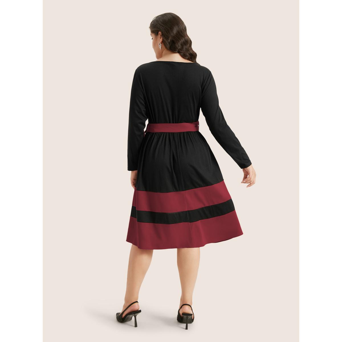 Plus Size Two Tone Belted Bowknot Square Neck Dress Burgundy Women Timeless Non Square Neck Long Sleeve Curvy Knee Dress BloomChic 22-24/3X Product Image