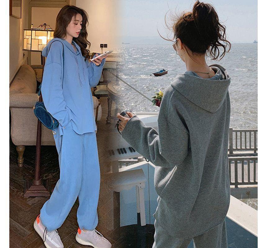 Maternity Set: Plain Oversized Hoodie + Mid Rise Harem Pants Product Image