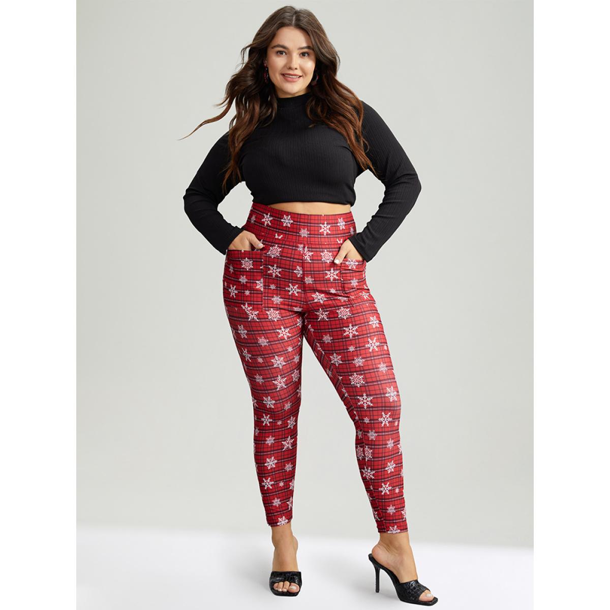 Plus Size Plaid & Snow Print Pocket Skinny Ankle Leggings Women Scarlet Casual Medium stretch Skinny High Rise Festival-Christmas Leggings BloomChic 18-20/2X Product Image