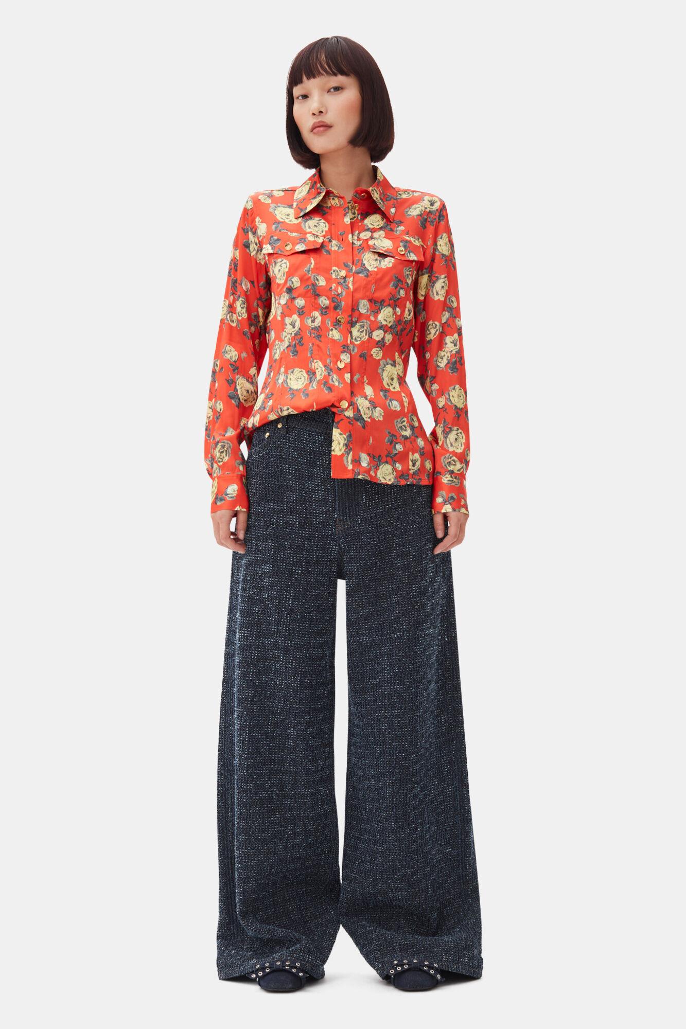 Orange Floral Printed Satin Shirt Product Image