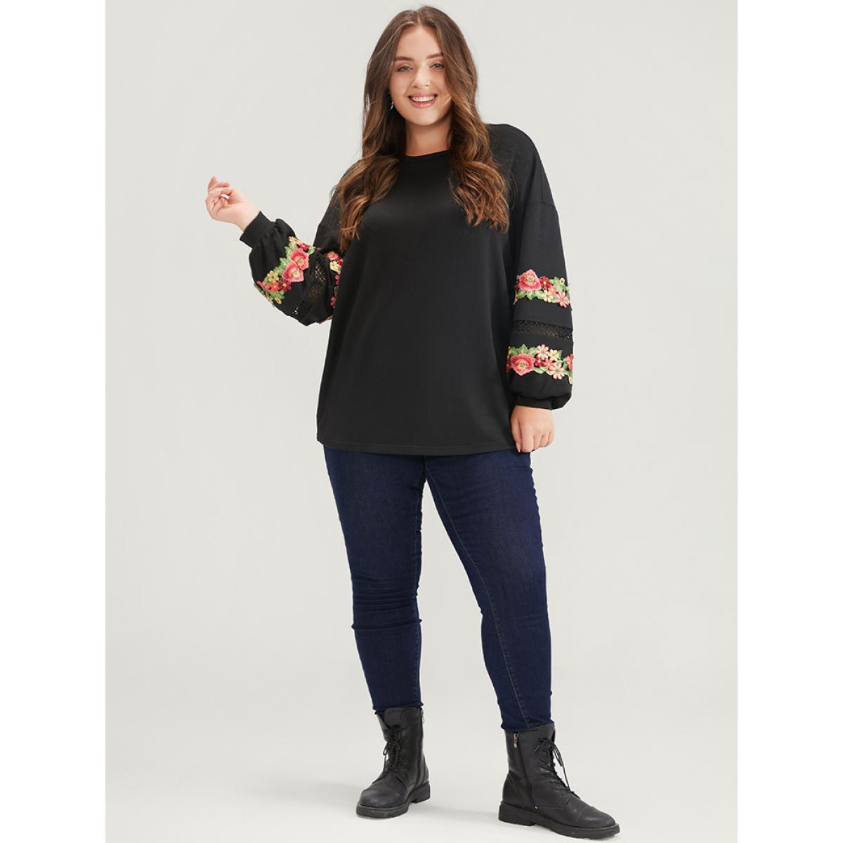 Plus Size Solid Floral Embroidered Contrast Lace Sweatshirt Women Black Elegant Patchwork Round Neck Dailywear Sweatshirts BloomChic 14-16/1X Product Image