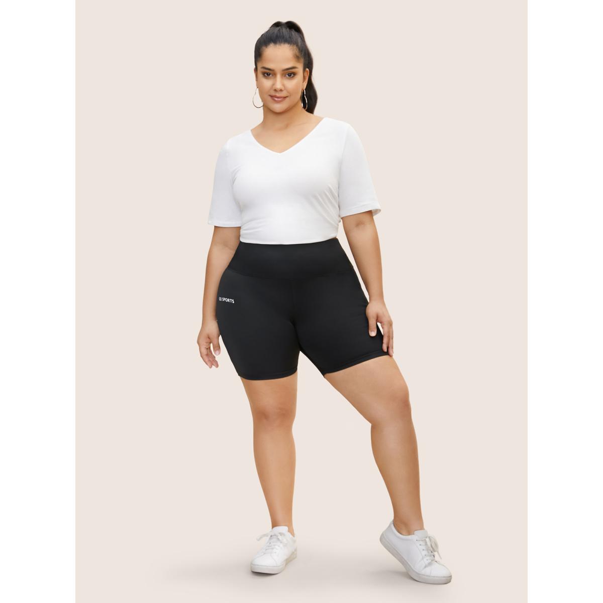 Plus Size Letter Print Wideband Waist High Rise Pants Women Black Casual Skinny High Rise Everyday Pants BloomChic 10/M Product Image