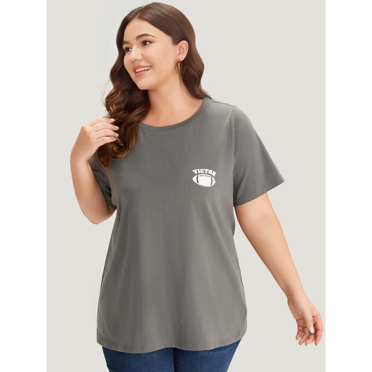 Plus Size Plain Graphic Print Round Neck T-shirt DimGray Women Casual Printed Letter Dailywear T-shirts BloomChic 12/L Product Image