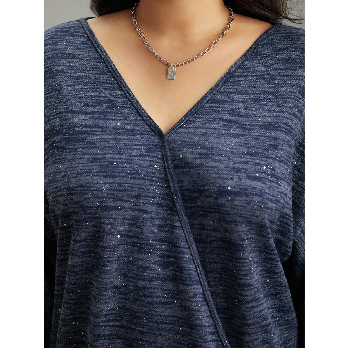 Plus Size Solid Heather V Neck Sequin T-shirt Blue Women Casual Texture Plain V-neck Everyday T-shirts BloomChic 10/M Product Image