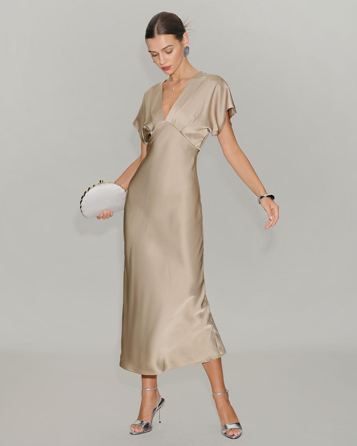 Apricot V Neck A-Line Satin Midi Dress Product Image