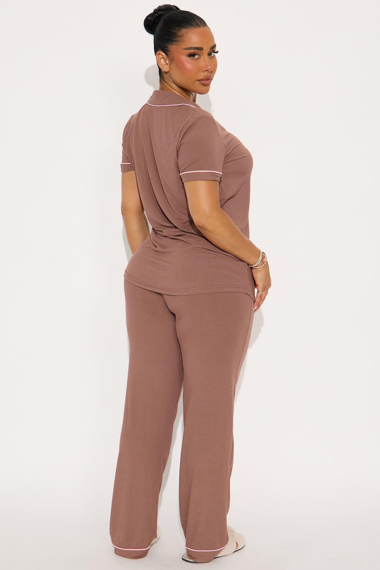 Sip Of Coffee Ribbed Short Sleeve PJ Pant Set - Brown Female Product Image