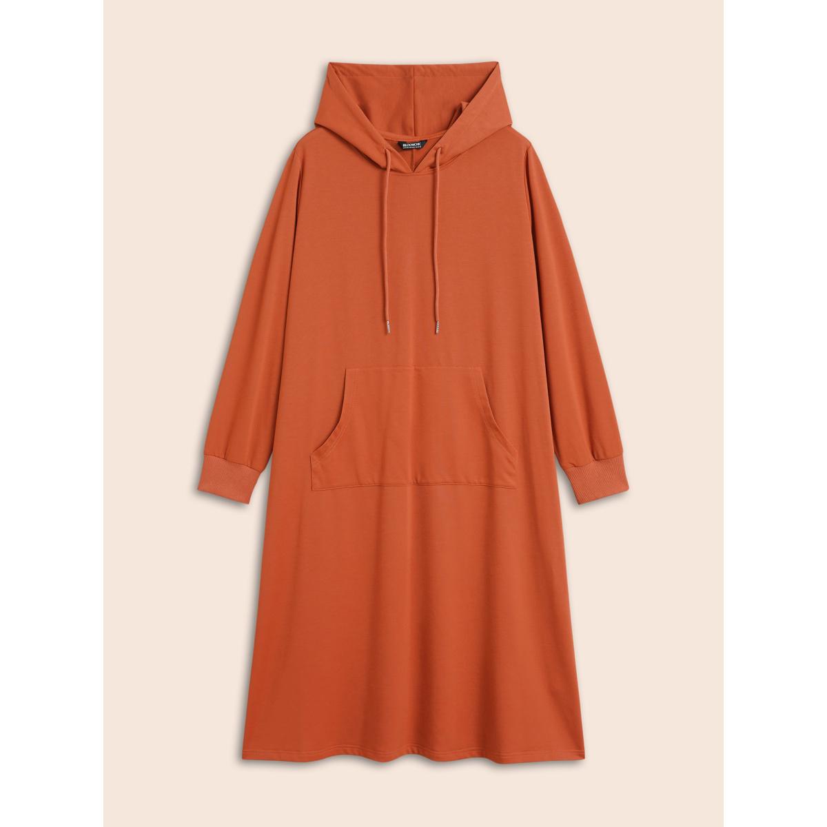 Plus Size Plain Hooded Drawstring Kangaroo Pocket Dress OrangeRed Women Casual Non Hooded Long Sleeve Curvy BloomChic 10/M Product Image