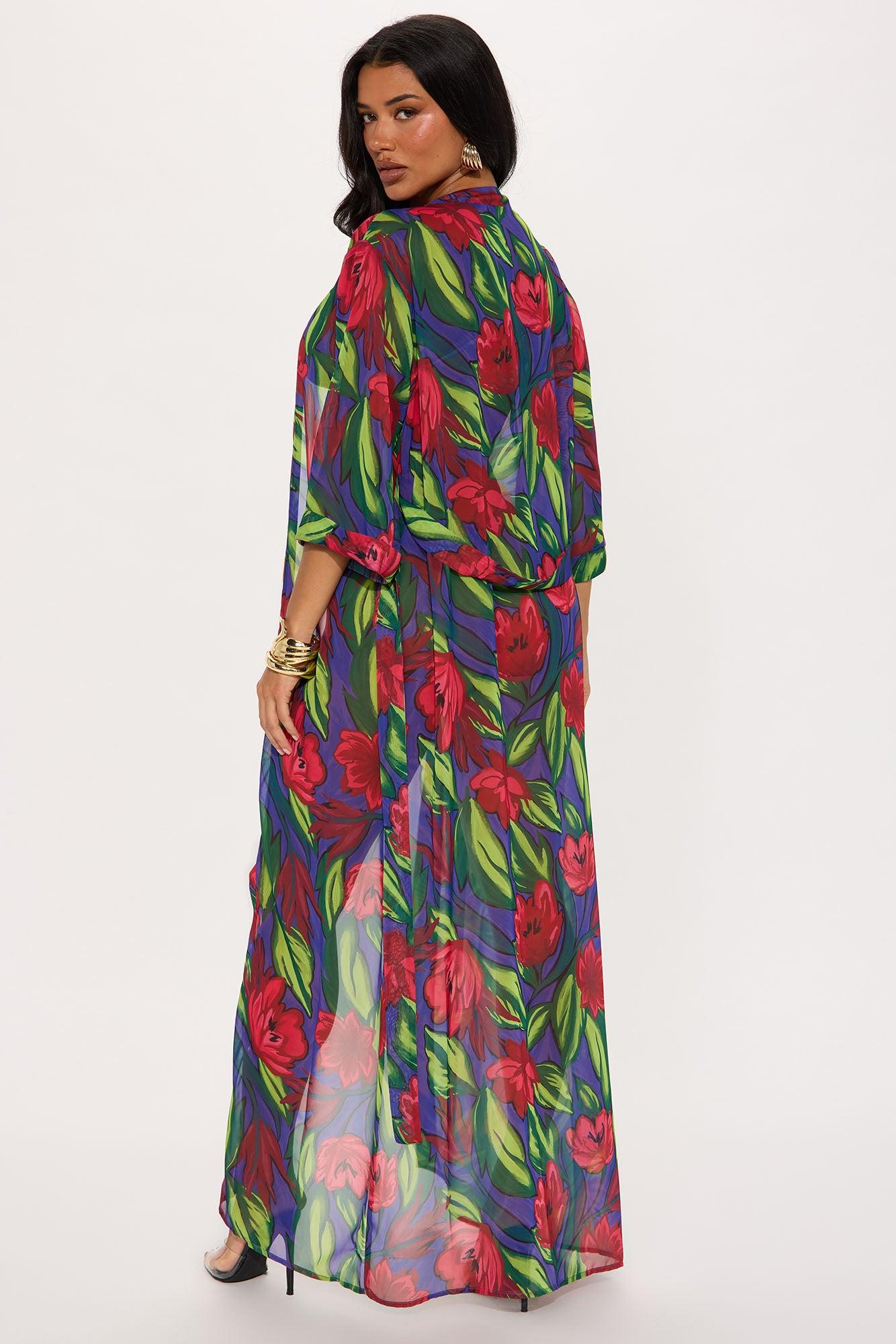 Sultry Summer Chiffon Maxi Cover Up Kimono - Purple/combo Product Image