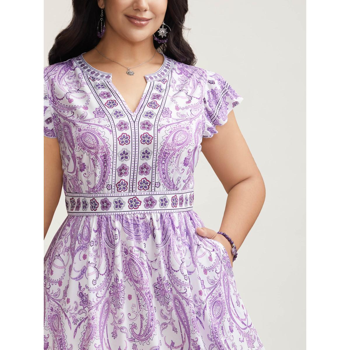 Plus Size Paisley Print Notched Collar Ruffled Midi Dress Mauve Women Resort Ruffles Flat collar with V-notch Short sleeve Curvy BloomChic 30/6X Product Image