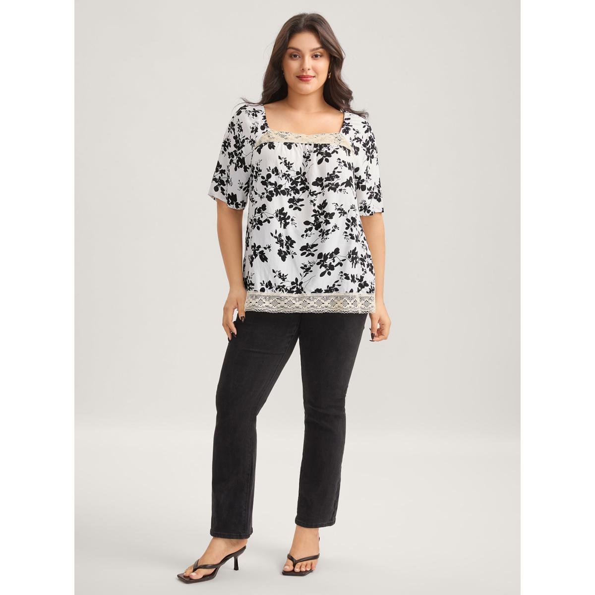 Plus Size WhiteSmoke Silhouette Floral Lace Detail Blouse Women Half Sleeve Square Neck Elegant Blouses BloomChic 26/4X Product Image