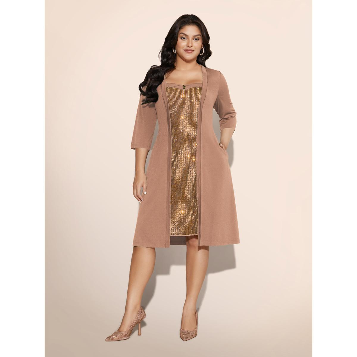Plus Size Heart Neckline Patchwork Sequin Button Detail Dress Bronze Women Cocktail Texture Party Curvy Bloomchic 26/4X Product Image