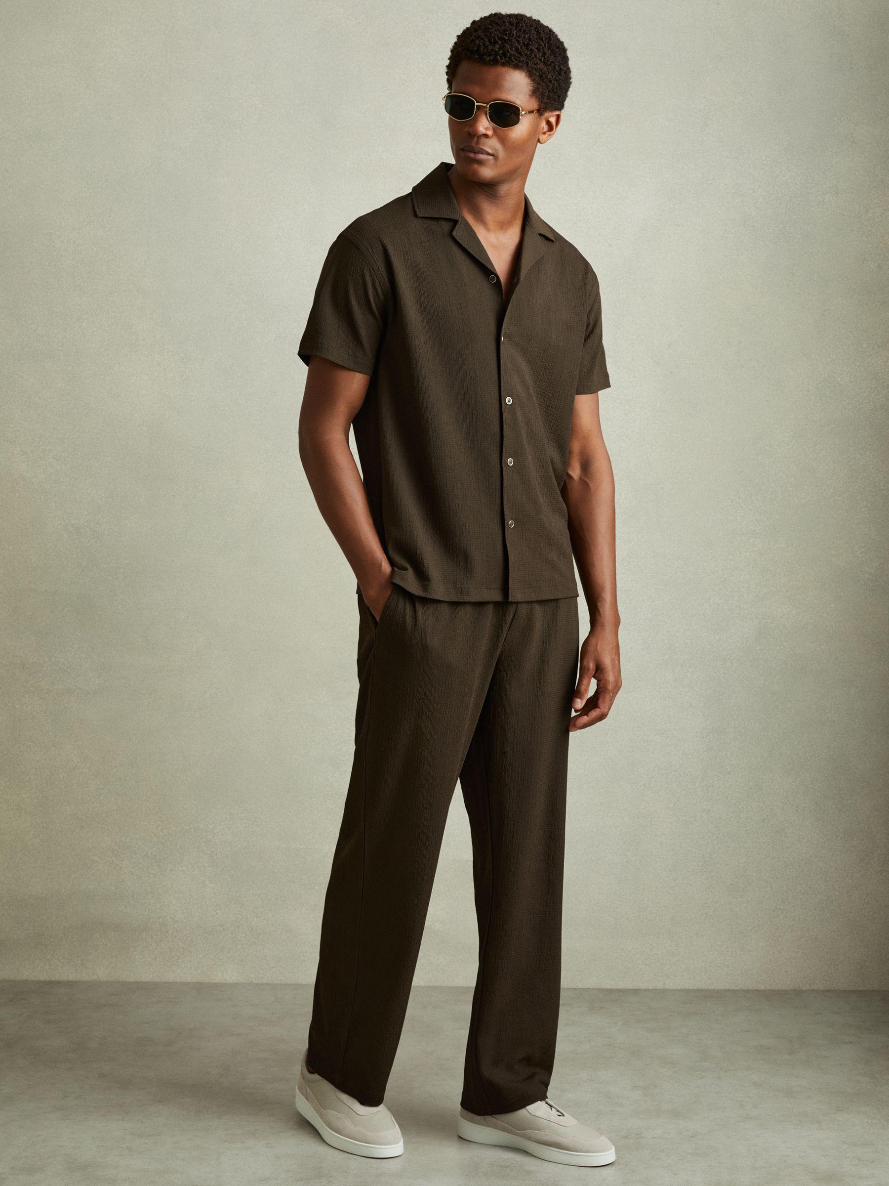 Textured Crepe Cuban Collar Shirt in Dark Olive Green Product Image