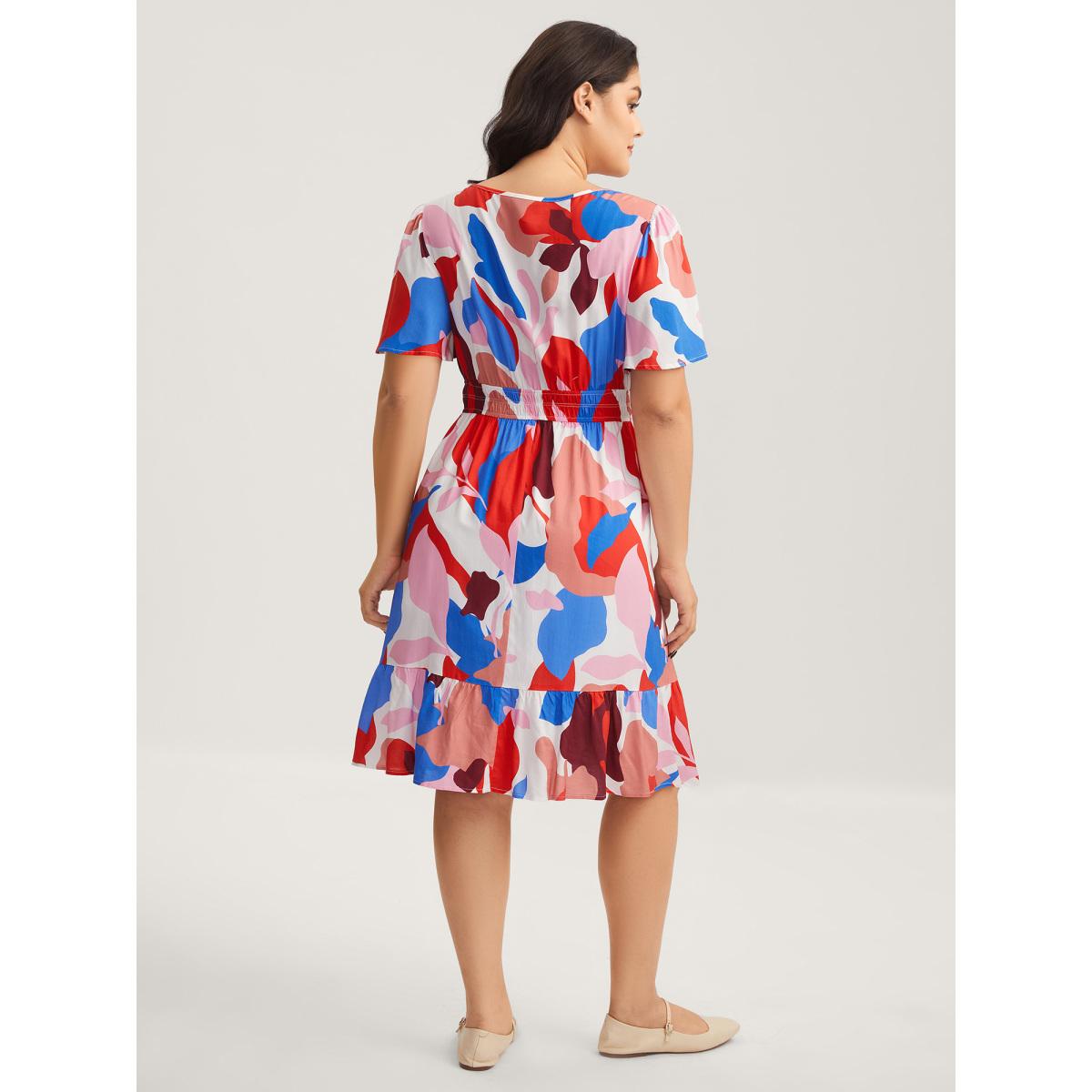 Plus Size Color Block Stretchy Notched Midi Dress Multicolor Women Flat collar with V-notch Cap Sleeve Curvy BloomChic 28/5X Product Image