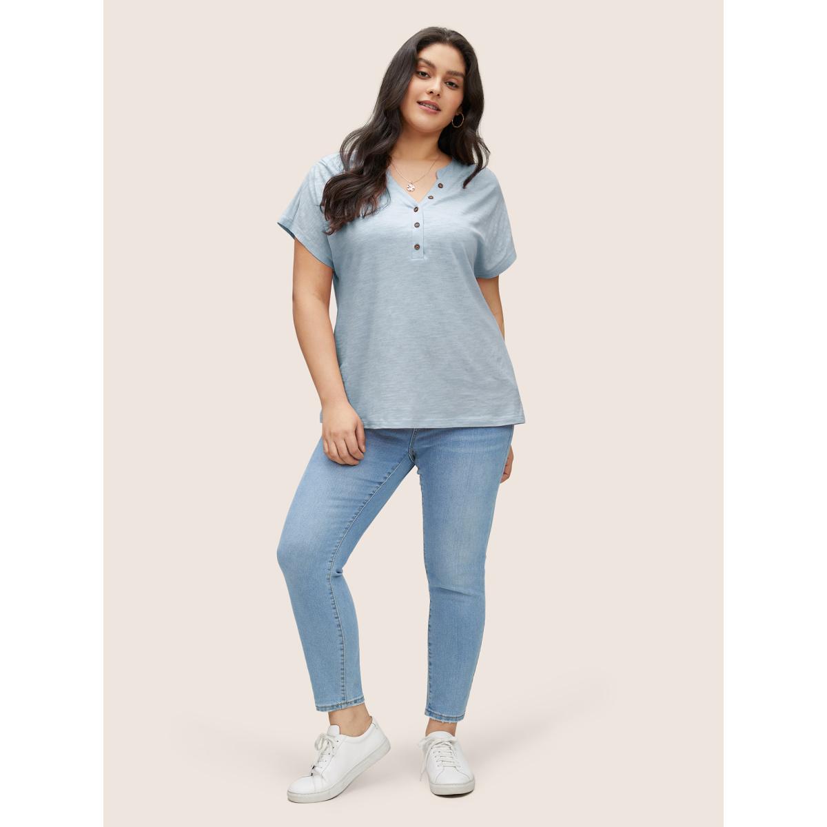 Plus Size Cotton Solid Notched Dolman Sleeve T-shirt LightBlue Women Casual Non Plain Notched collar Everyday T-shirts BloomChic 28/5X Product Image