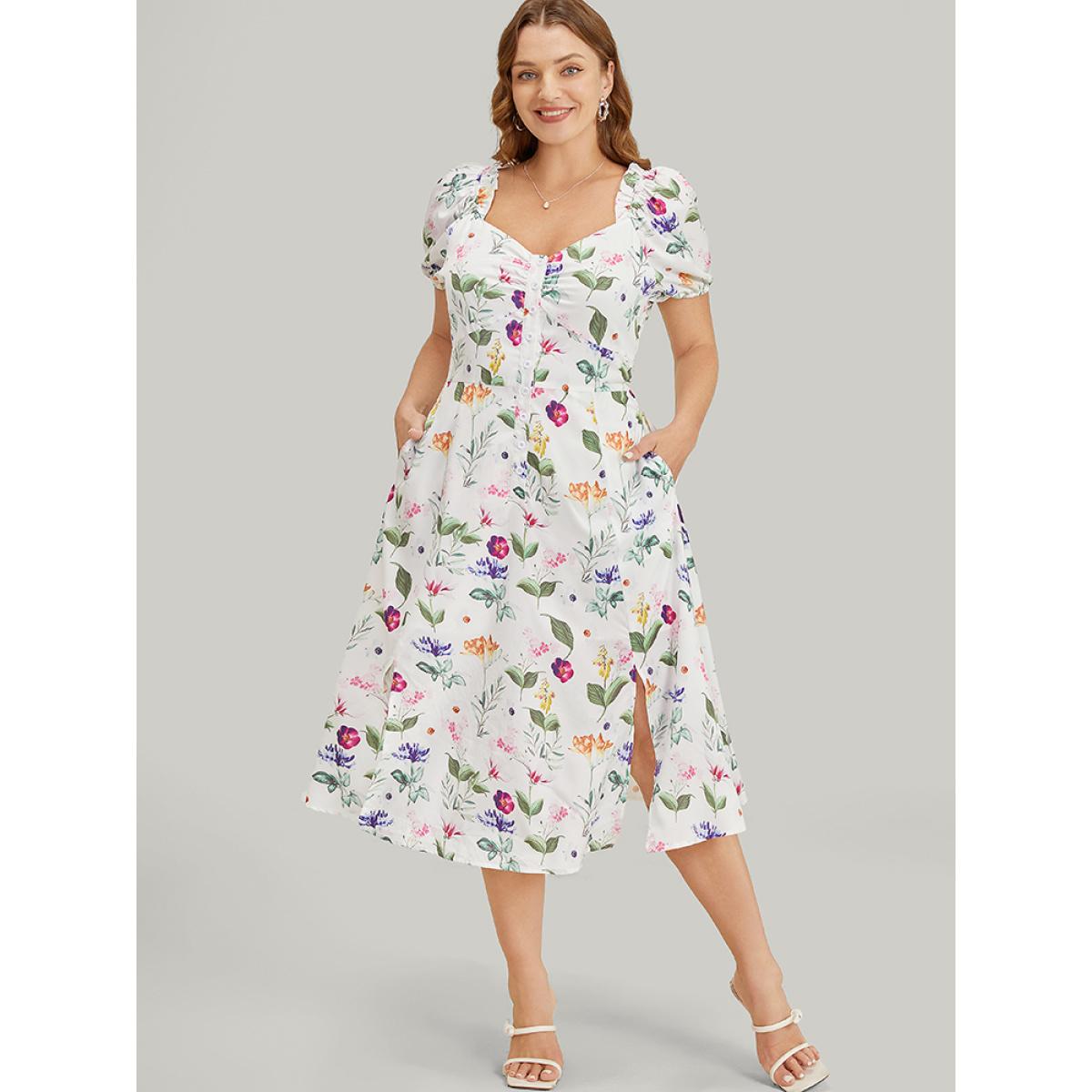 Plus Size Floral Split Hem Button Detail Pocket Ruched Puff Sleeve Dress Multicolor Women Elegant Ruched V-neck Short sleeve Curvy Midi Dress BloomChic 28/5X Product Image