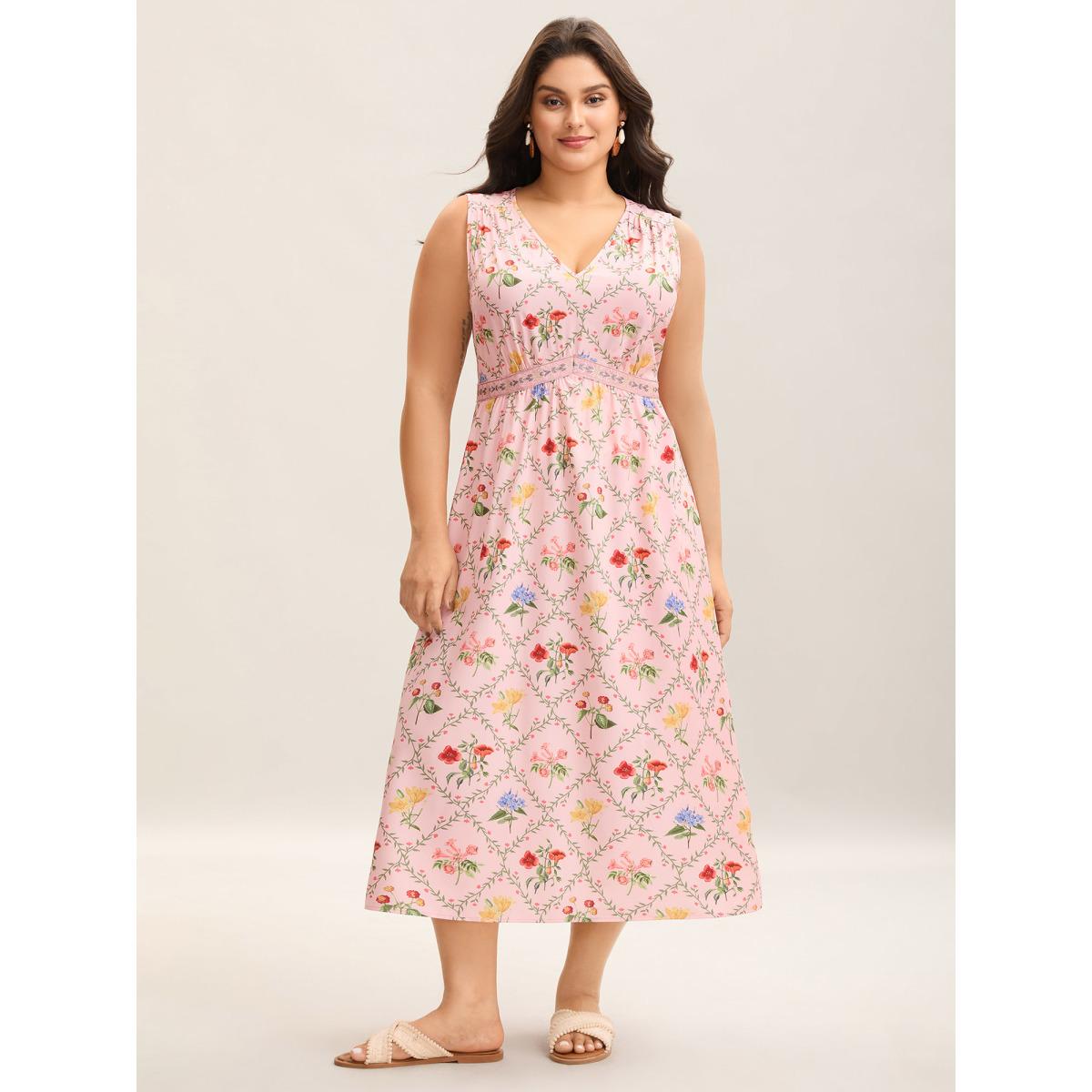 Plus Size Floral Abstract Print V-Neck Maxi Dress Crepe Women Gathered V-neck Sleeveless Curvy BloomChic 14-16/1X Product Image