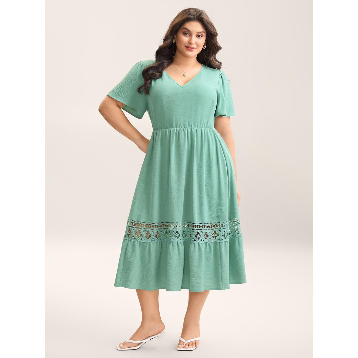 Plus Size Lace Cut-Out Lotus Leaf Sleeve Midi Dress Greenbean Women Elegant Woven ribbon&lace trim V-neck Sleeveless Curvy BloomChic 26/4X Product Image