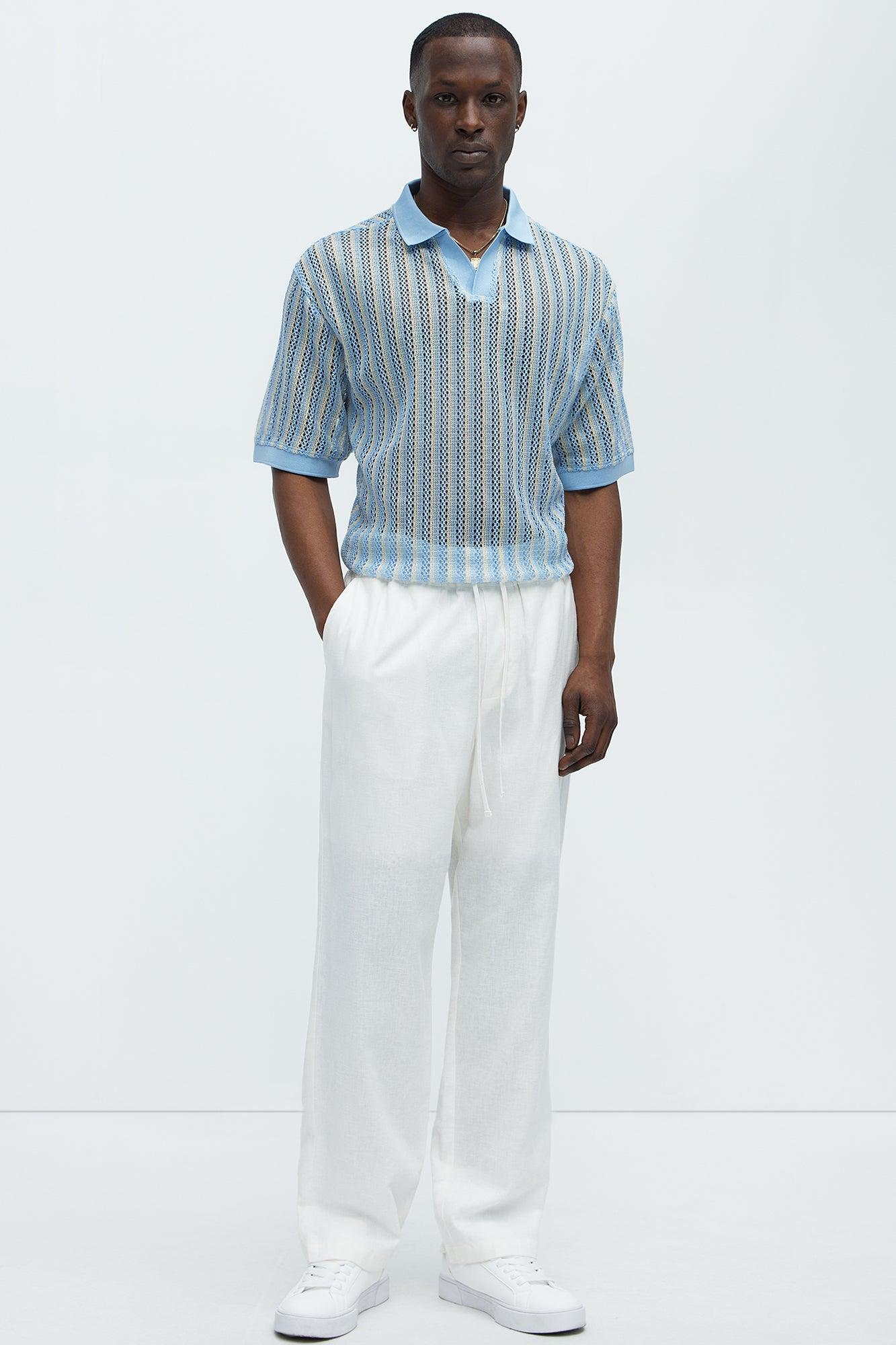 Striped Textured Johnny Collar Polo - Blue/combo Product Image