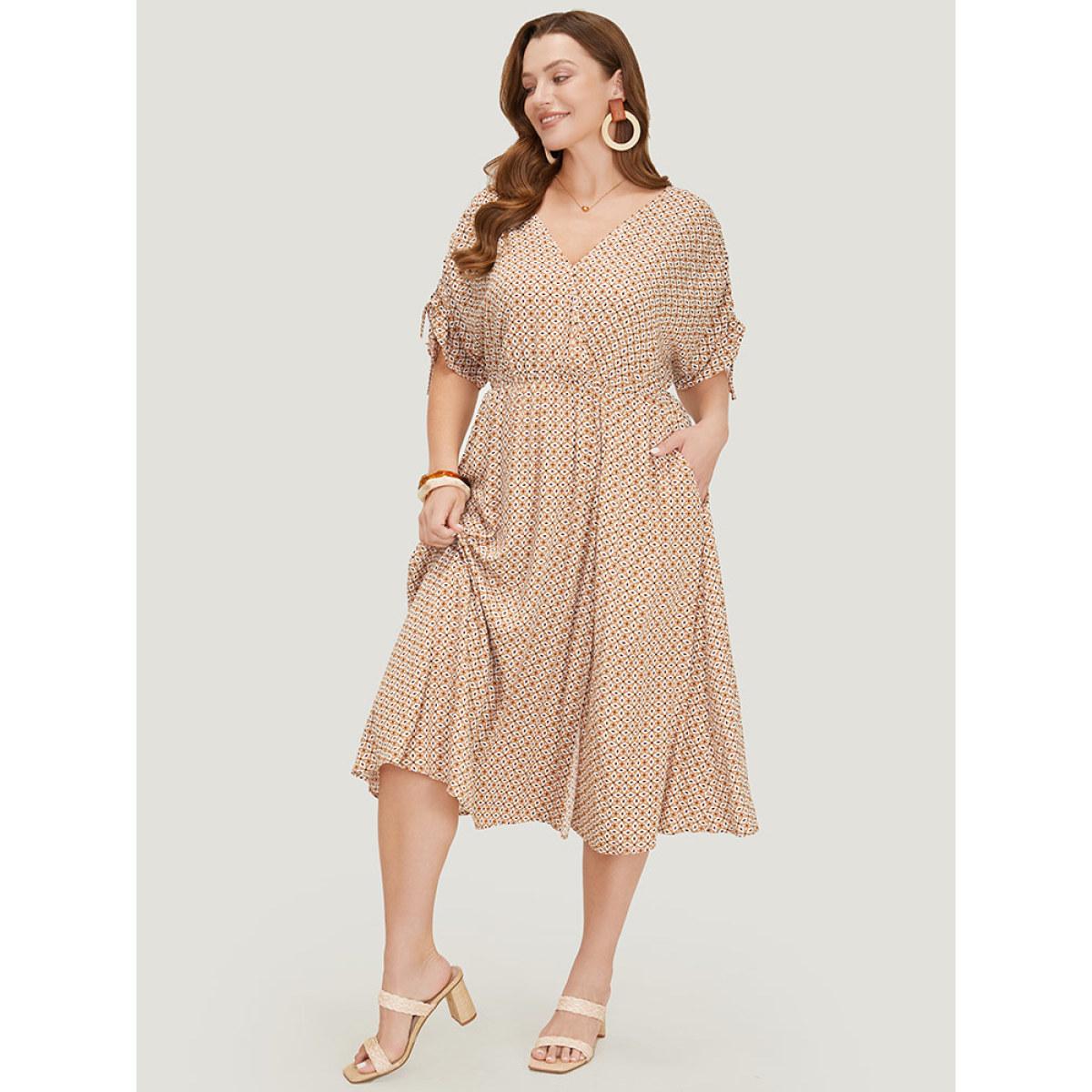Plus Size Bandana Print Ruffles Pocket Wrap Drawstring Sleeve Dress LightBrown Women Vacation Wrap V-neck Short sleeve Curvy Midi Dress BloomChic 22-24/3X Product Image