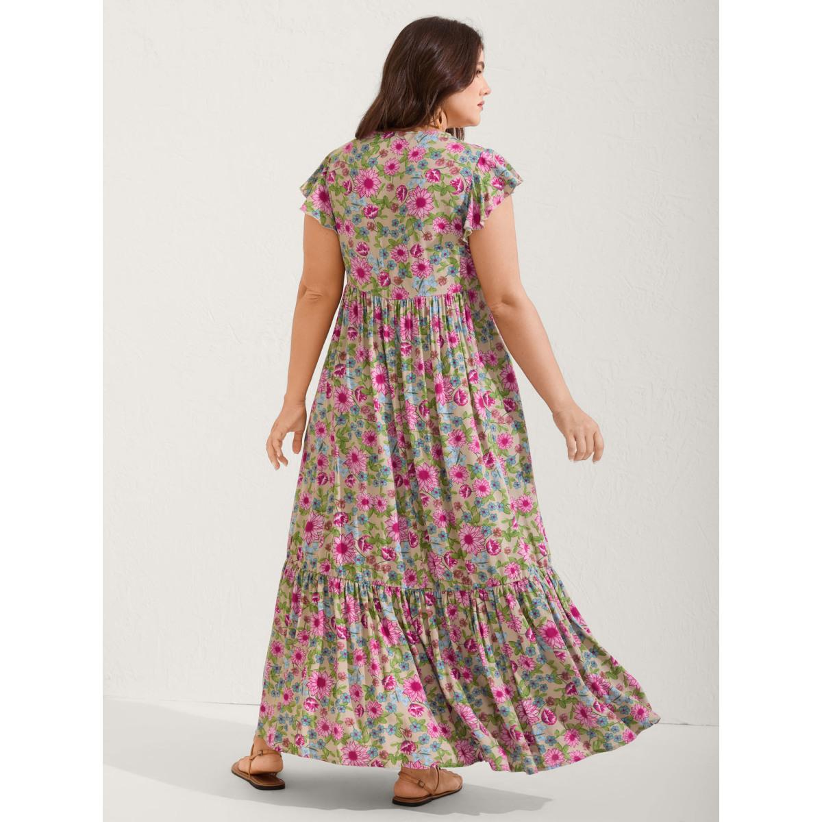 Plus Size Sweet Floral Lace Trim Tiered Maxi Dress Multicolor Women Boho V-neck Cap Sleeve Curvy BloomChic 10/M Product Image