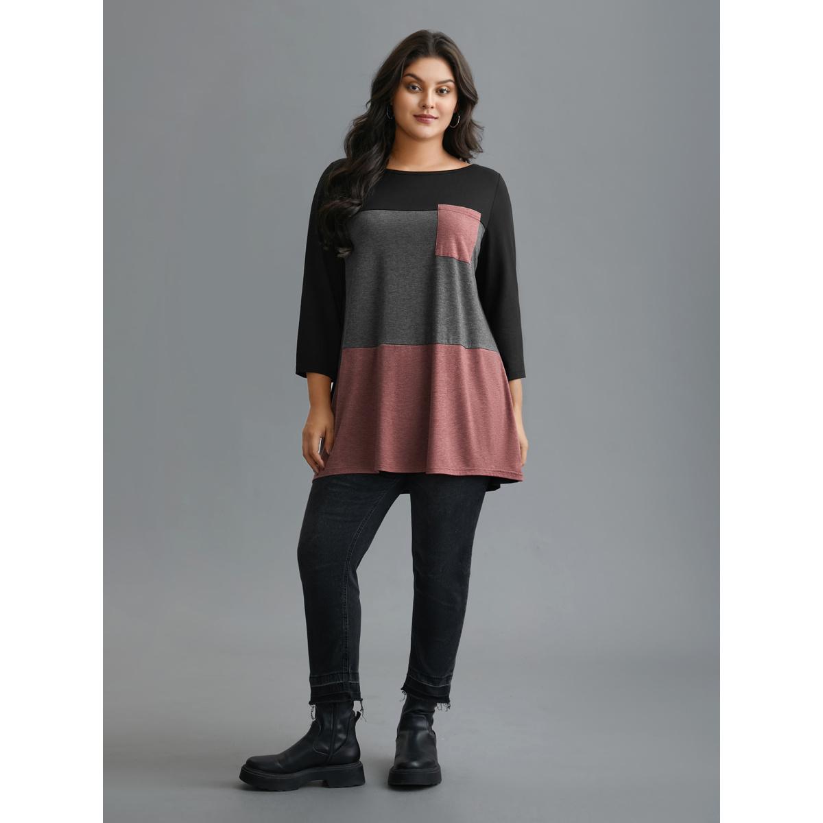 Plus Size Color Block Chest Pocket Round Neck T-Shirt Multicolor Women Casual Contrast Boat Neck Loose Everyday T-shirts BloomChic 18-20/2X Product Image