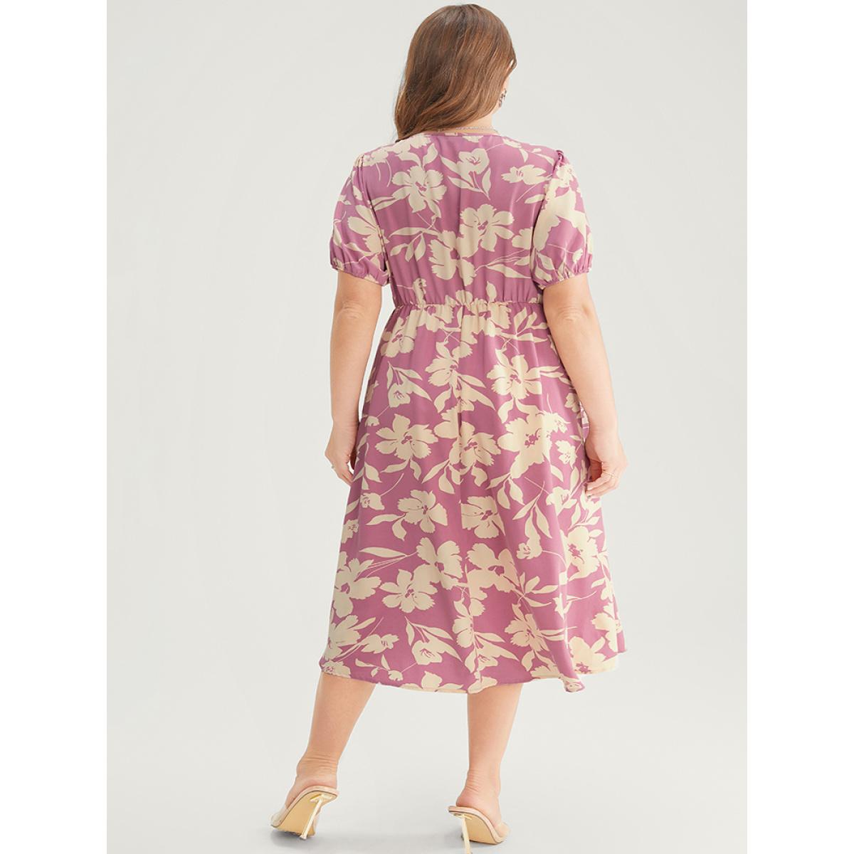 Plus Size Floral Print Twist Front Puff Sleeve Pocket Ruffles Dress Pink Women Elegant Pocket V-neck Short sleeve Curvy Midi Dress BloomChic 26/4X Product Image