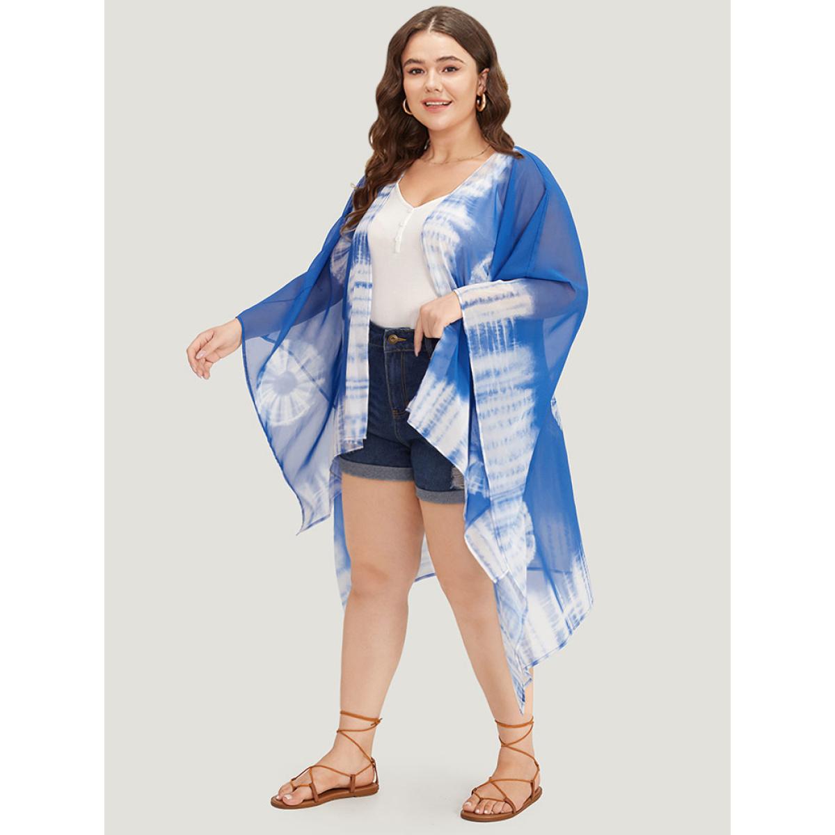 Plus Size UltraCool Tie Dye Asymmetrical Hem Open Front Kimono Women DarkBlue Casual Drape Loose Dailywear Kimonos BloomChic 18-20/2X Product Image