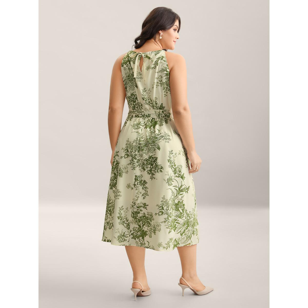 Plus Size Spring Time Florals Sleeveless Midi Dress Moss Women Elegant Gathered Halter neck Sleeveless Curvy BloomChic 30/6X Product Image