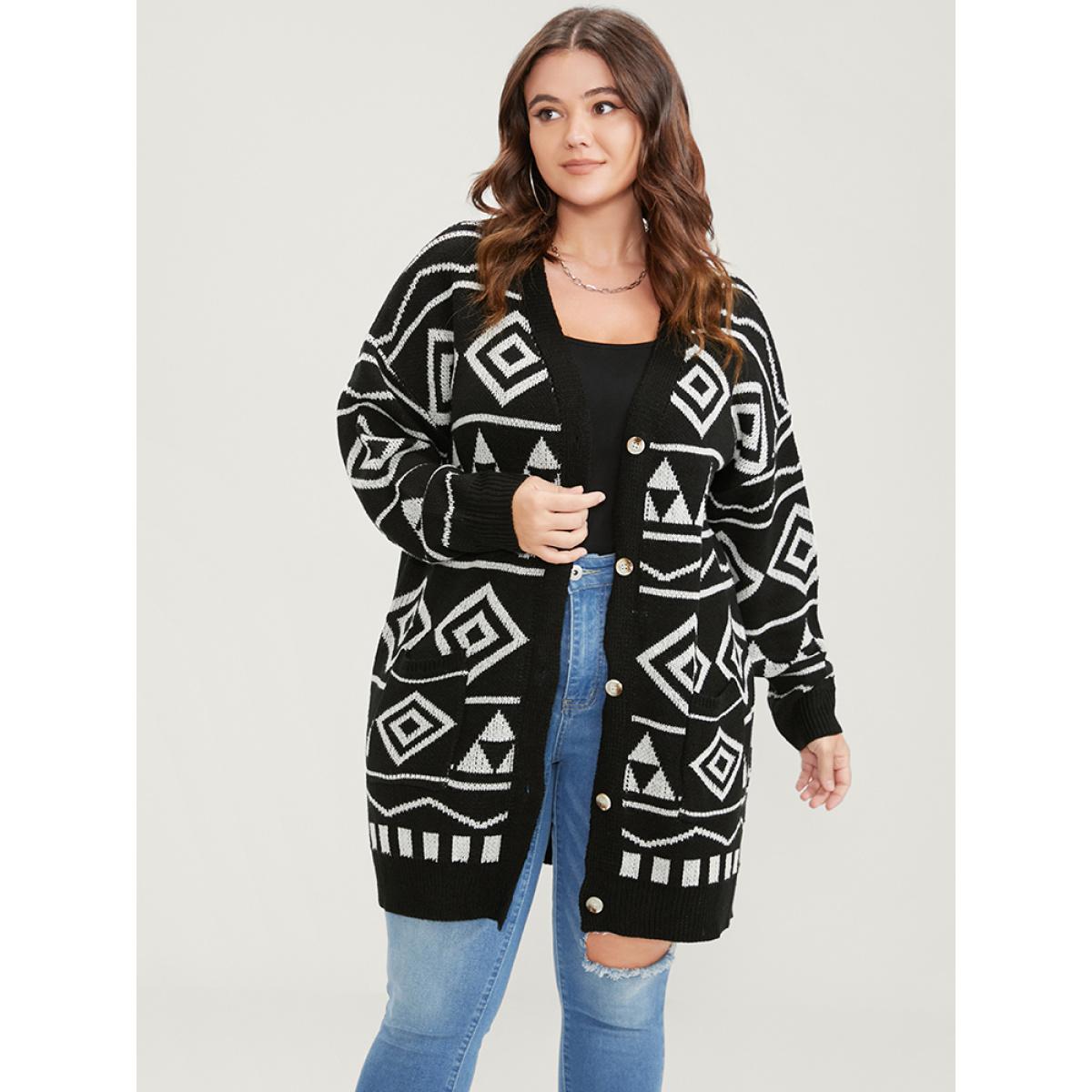 Plus Size Geometric Contrast Pointelle Knit Jacquard Pocket Button Front Cardigan BlackFlower Women Casual Loose Long Sleeve Dailywear Cardigans BloomChic 22-24/3X Product Image