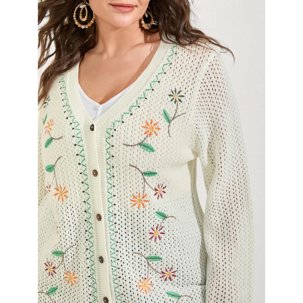 Plus Size Floral Embroidery Flared Sleeve Knit Cardigan Ivory Women Resort Loose Long Sleeve Vacation Cardigans BloomChic 22-24/3X Product Image