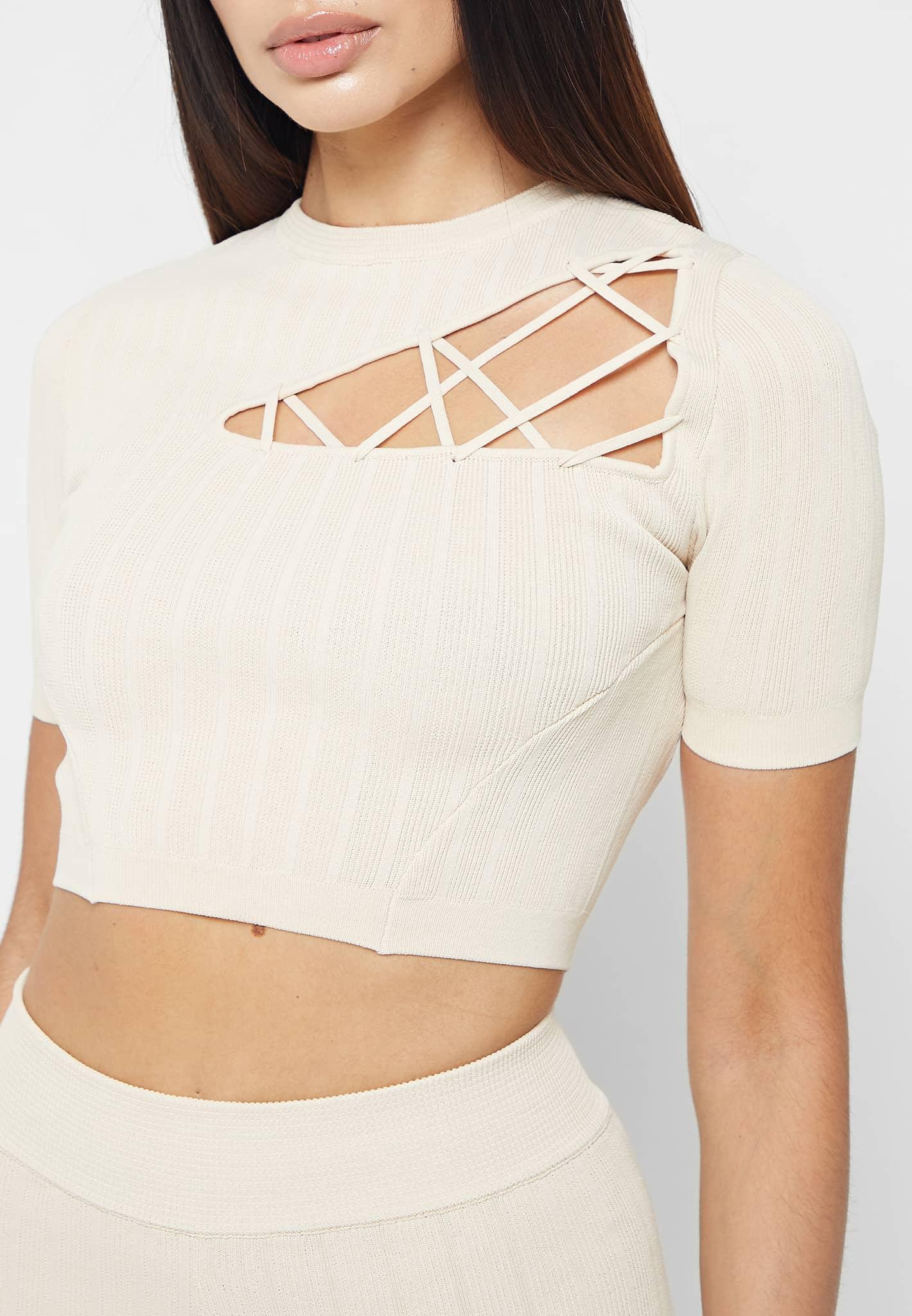 Knitted Lace Up Top - Beige Female Product Image