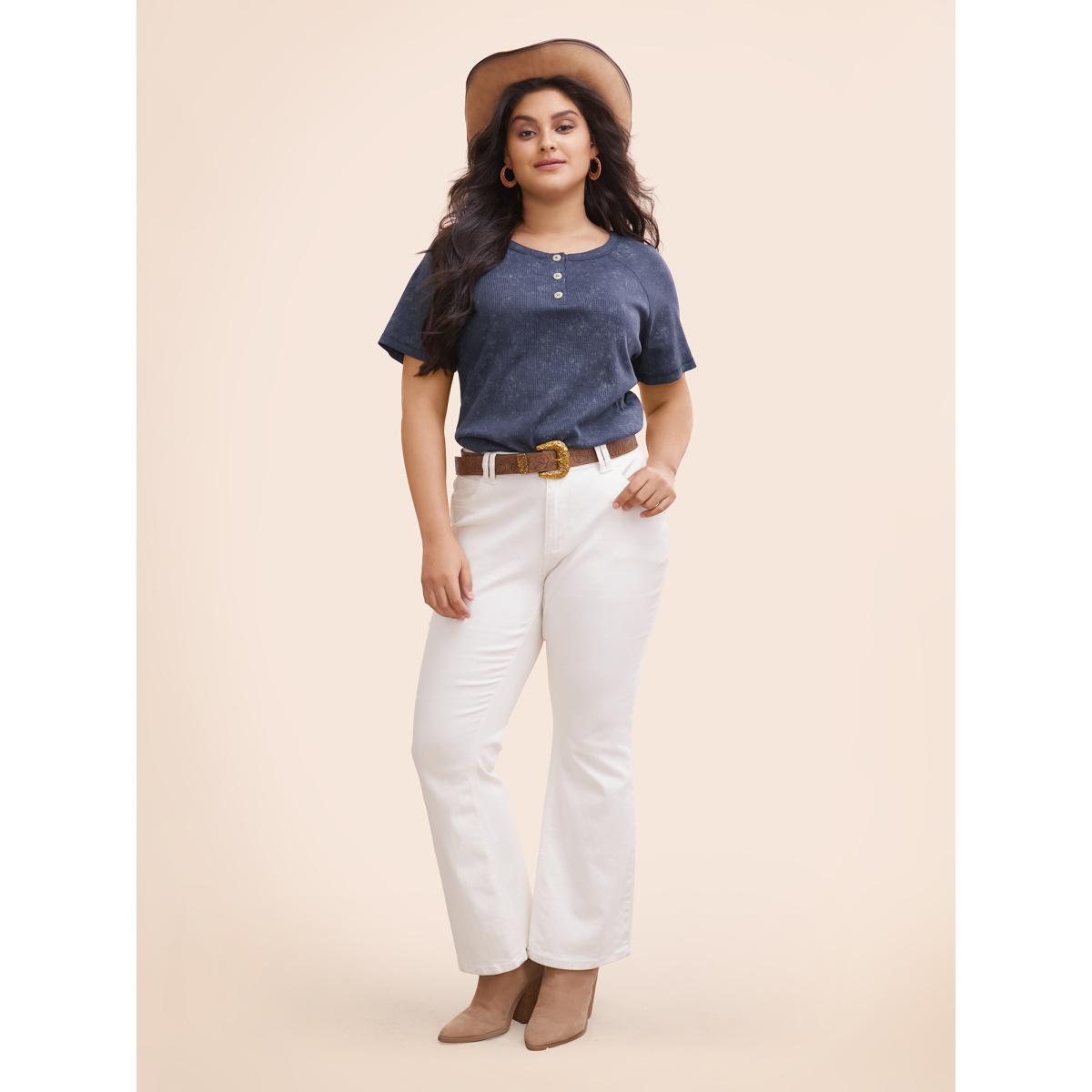 Plus Size Waffle Weathering Front Placket T-shirt Indigo Women Casual Button Round Neck Everyday T-shirts BloomChic 12/L Product Image