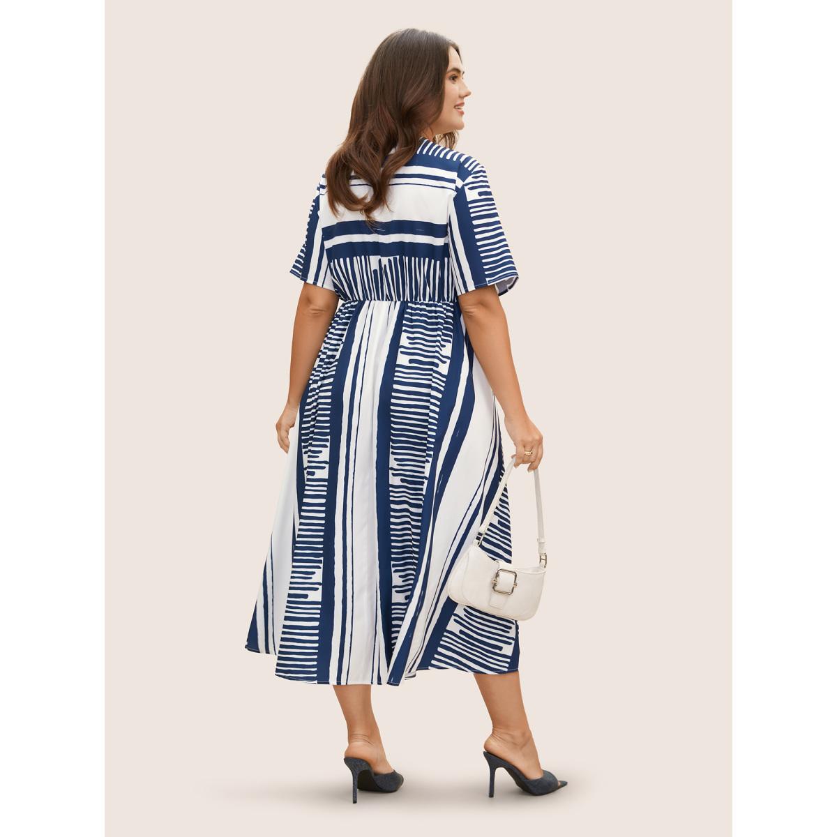 Plus Size Notched Collar Striped Patchwork Drawstring Dress DarkBlue Women At the Office Tie knot Notched collar Short sleeve Curvy BloomChic 14-16/1X Product Image