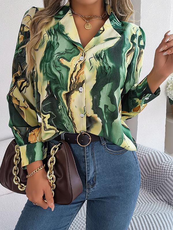 Long Sleeves Loose Buttoned Printed Notched Collar Blouses&Shirts Tops Product Image