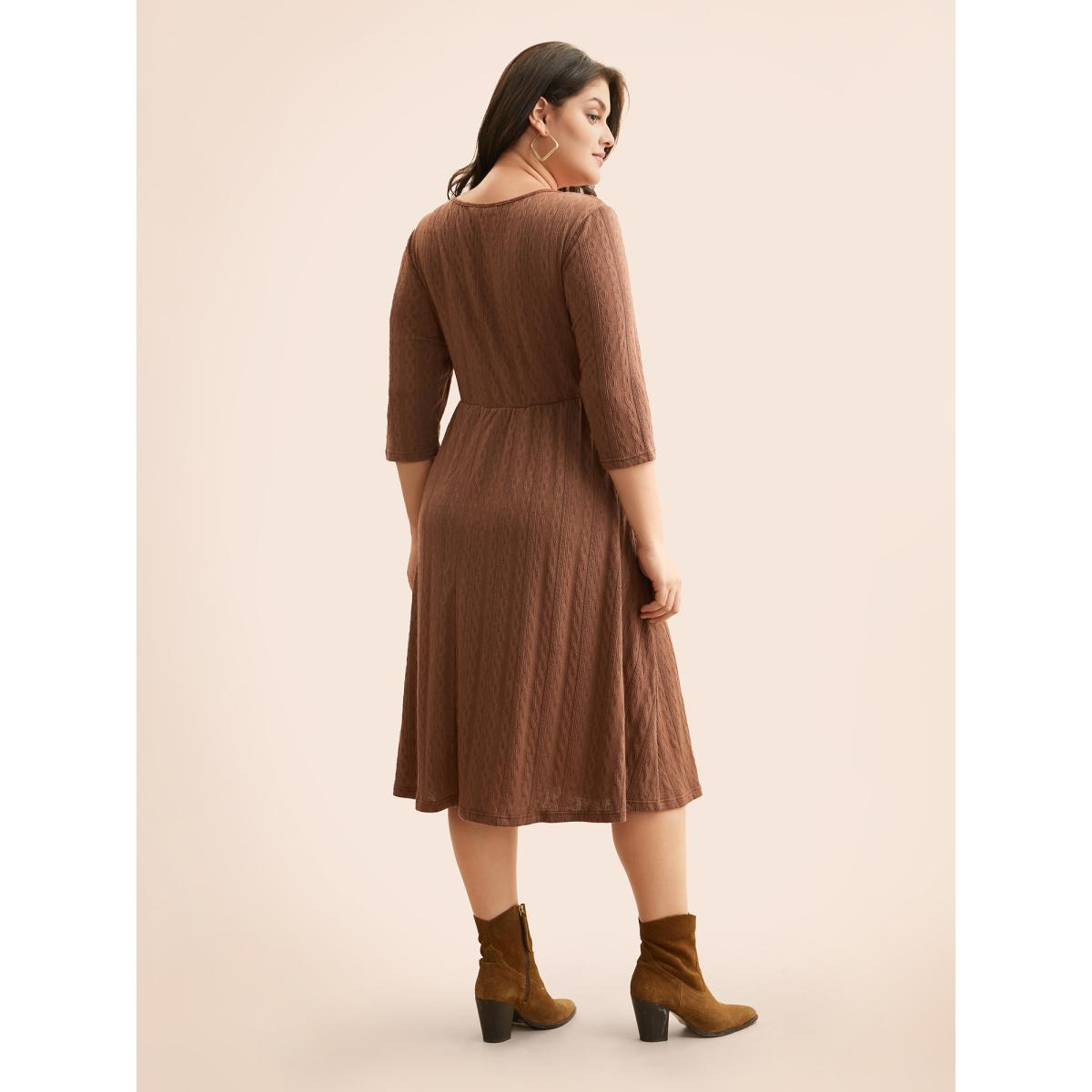 Plus Size Plain Textured Button Detail Midi Dress Yellowishbrown Women Casual Texture V-neck Elbow-length sleeve Curvy BloomChic 30/6X Product Image
