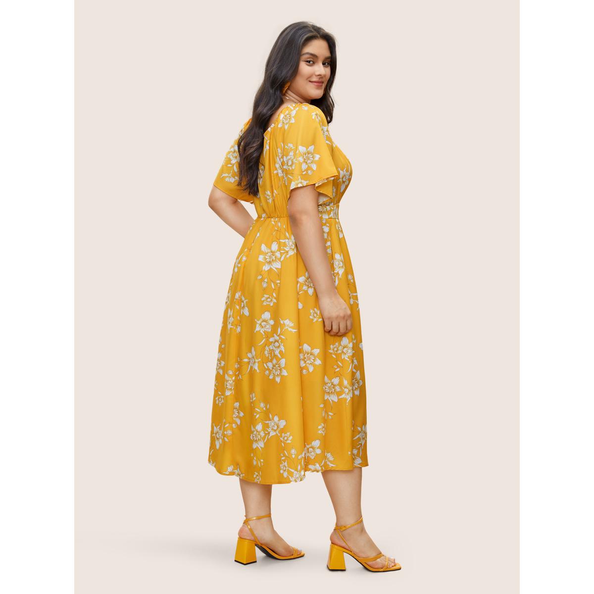 Plus Size Floral Print Knot Neck Patchwork Ruffle Sleeve Dress Yellow Women Elegant Non V-neck Short sleeve Curvy Midi Dress BloomChic 18-20/2X Product Image