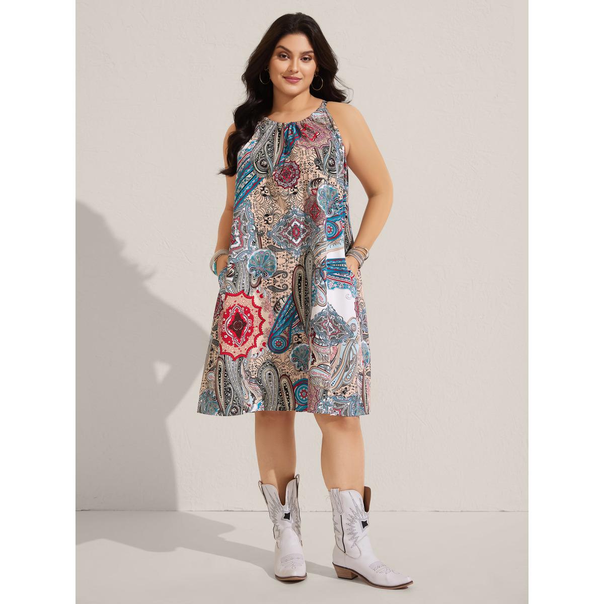Plus Size Paisley Print Flowy A-Line Midi Dress Multicolor Women Boho Round Neck Sleeveless Curvy BloomChic 18-20/2X Product Image