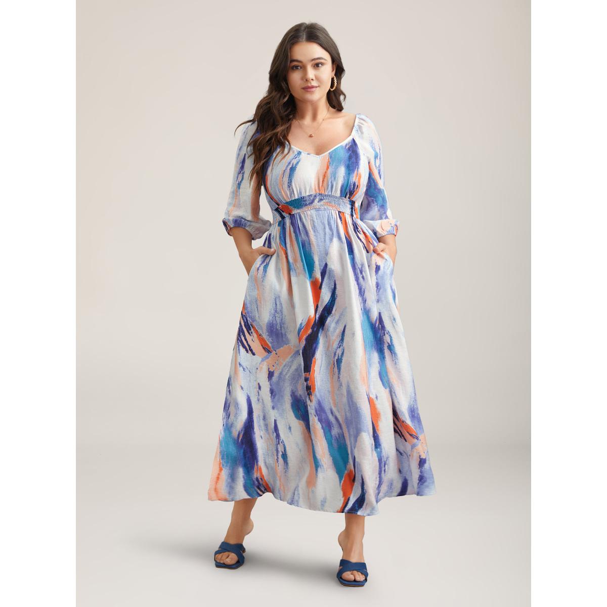 Plus Size Abstract Print Waist-Cinched Split Hem Maxi Dress Multicolor Women Romantic Gathered Heart neckline Elbow-length sleeve Curvy BloomChic 12/L Product Image