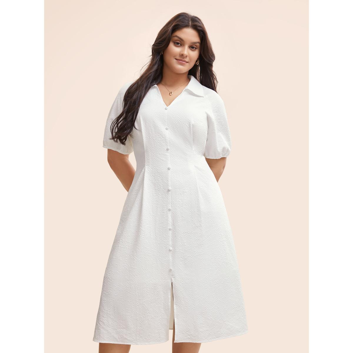 Plus Size Texture Shirt Collar Button Detail Split Front Dress Ivory Women At the Office Texture Shirt collar Half Sleeve Curvy BloomChic 28/5X Product Image
