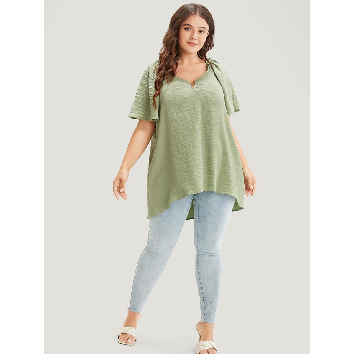 Plus Size Green Plain Notched High Low Hem Ruffle Sleeve Frill Trim Blouse Women Elegant Short sleeve V-neck Dailywear Blouses BloomChic 14-16/1X Product Image