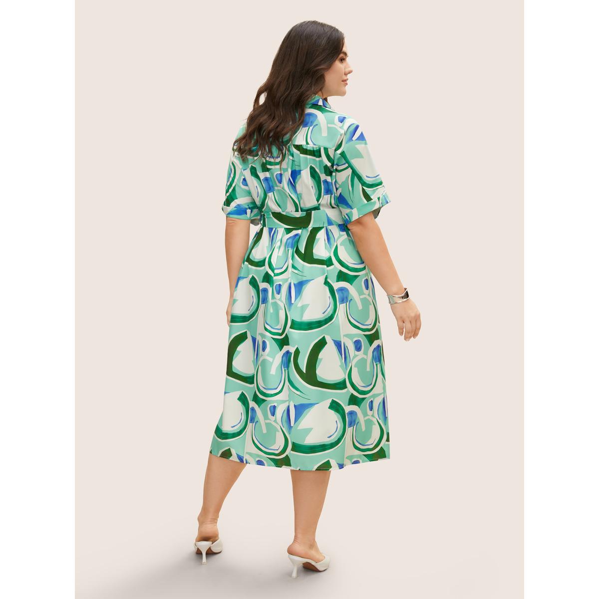 Plus Size Geometric Elastic Waist Drop Shoulder Sleeve Midi Dress Arctic Women At the Office Belted Shirt collar Short sleeve Curvy BloomChic 12/L Product Image