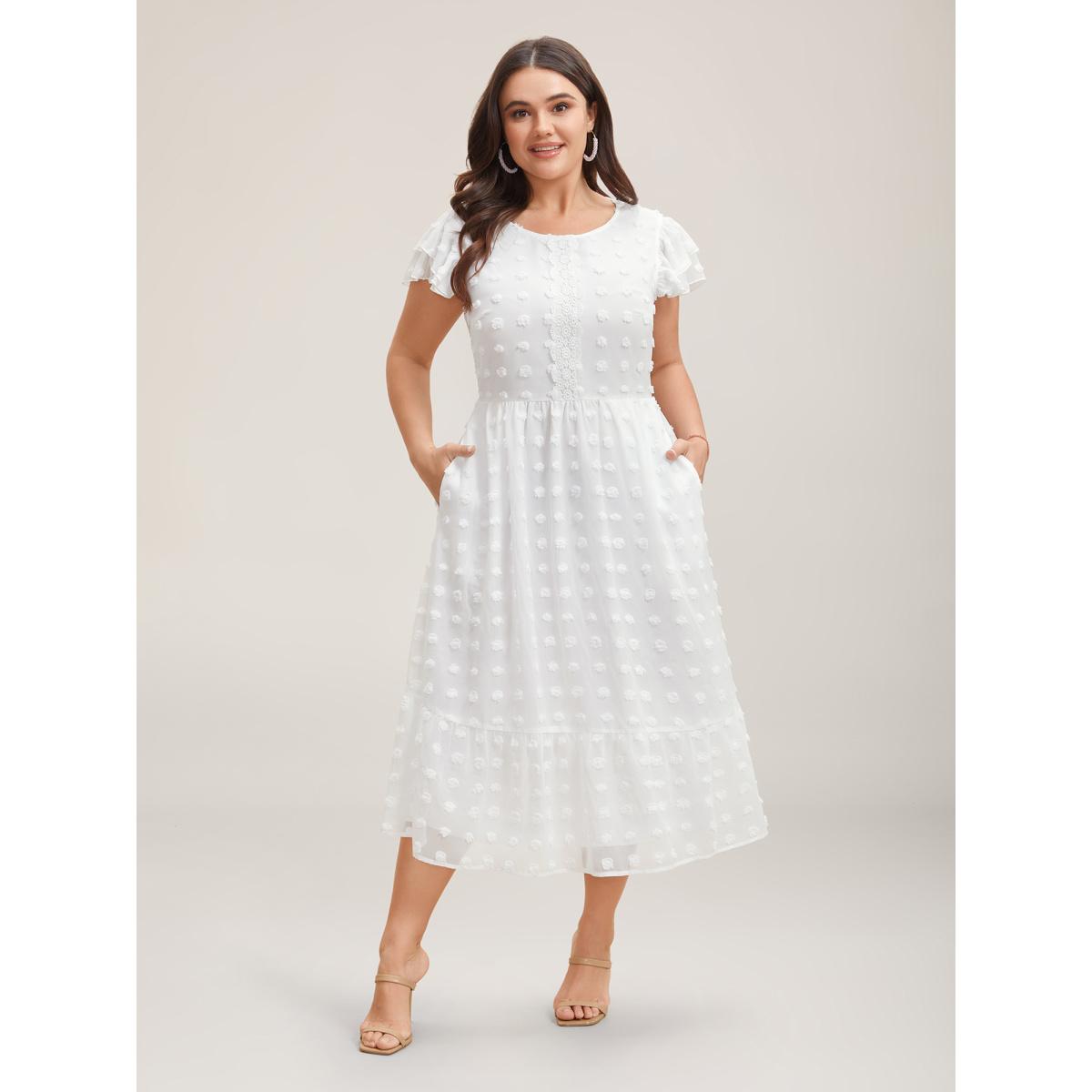 Plus Size Textured Plain Tiered Ruffles Sleeve Dress Originalwhite Women Elegant Woven ribbon&lace trim Round Neck Cap Sleeve Curvy BloomChic 12/L Product Image